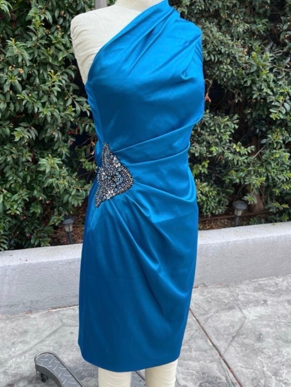 Eliza J Teal One Shoulder Cocktail Dress Beaded Accent Ruched Sheath Size 2